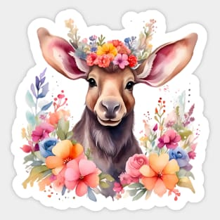 A moose decorated with beautiful watercolor flowers Sticker